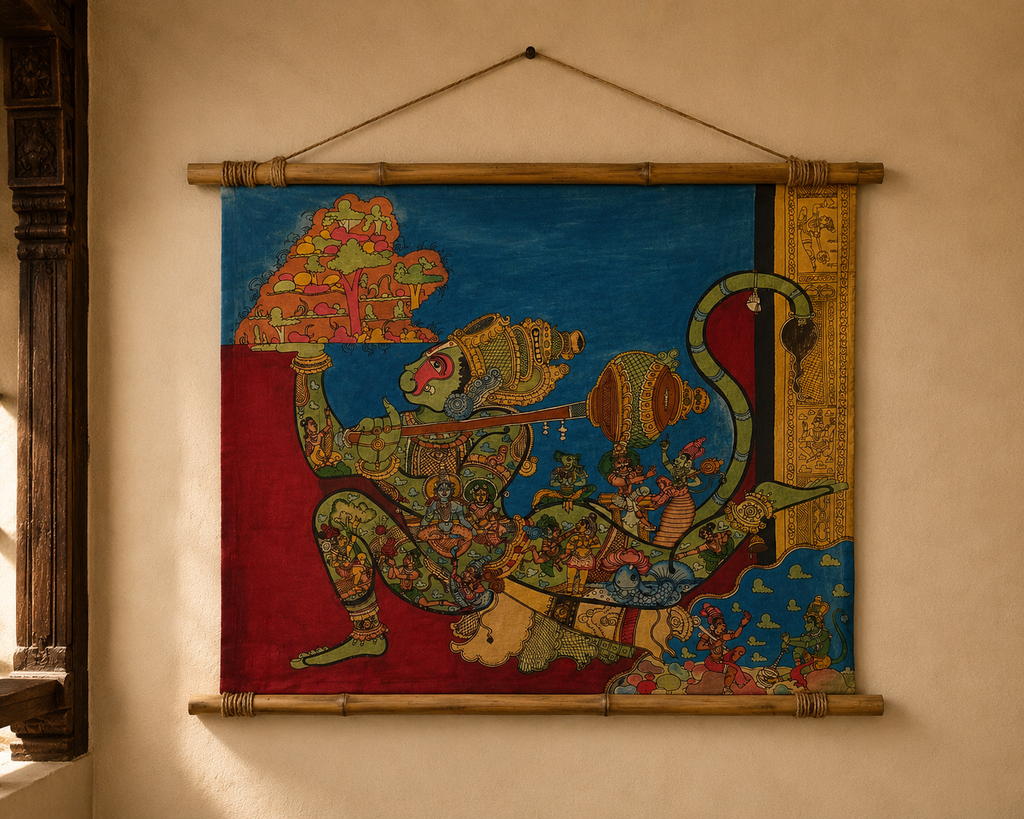 Hand-Painted Kalamkari Hanuman Story Wall Art – Ramayana Artwork