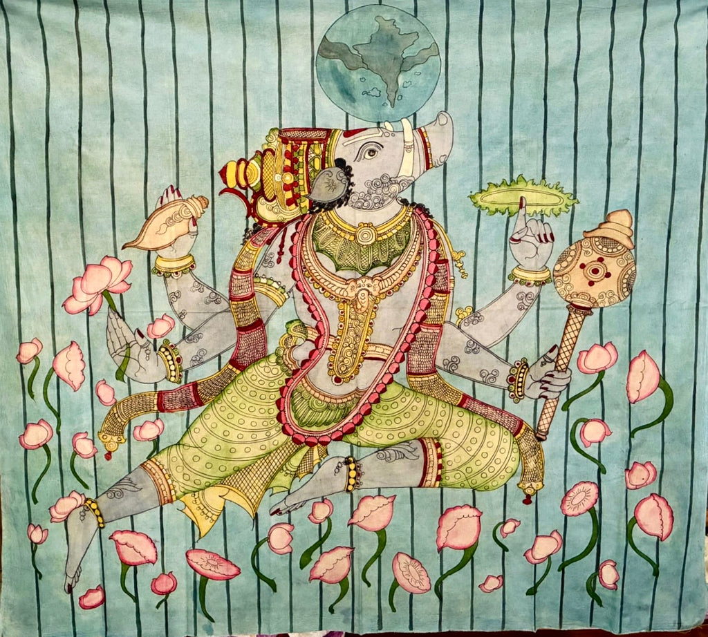 Hand-painted Kalamkari wall art of Lord Varaha with lotus pond in Srikalahasti style