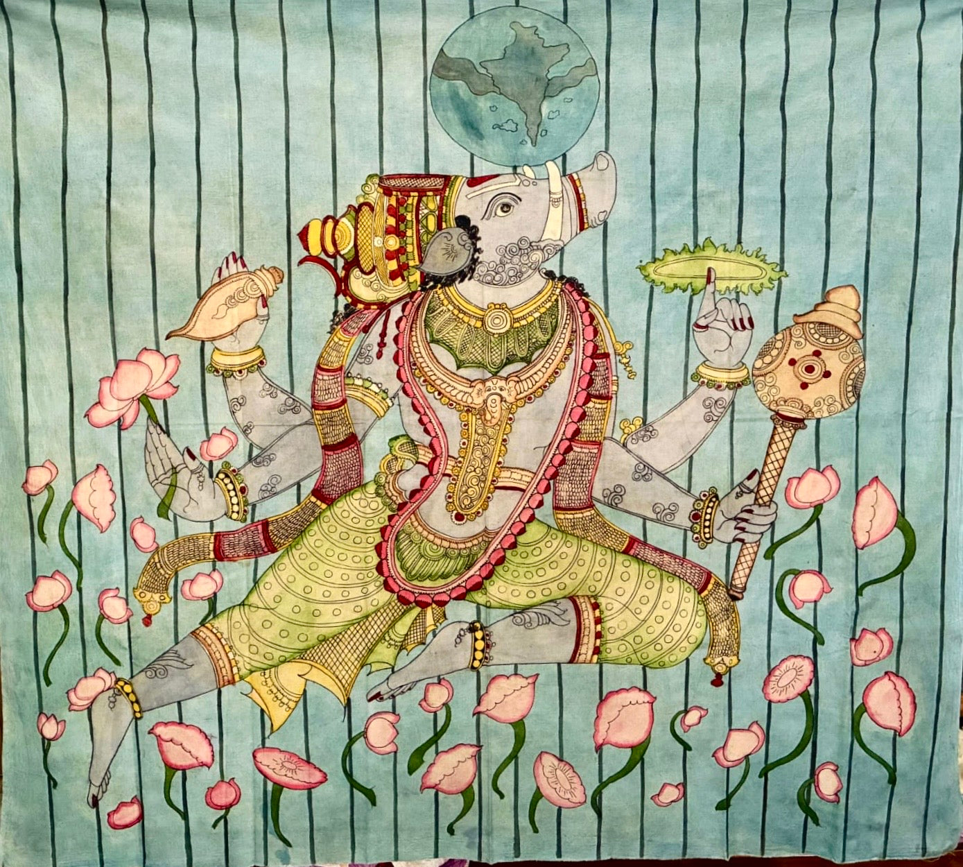 Hand-painted Kalamkari wall art of Lord Varaha with lotus pond in Srikalahasti style