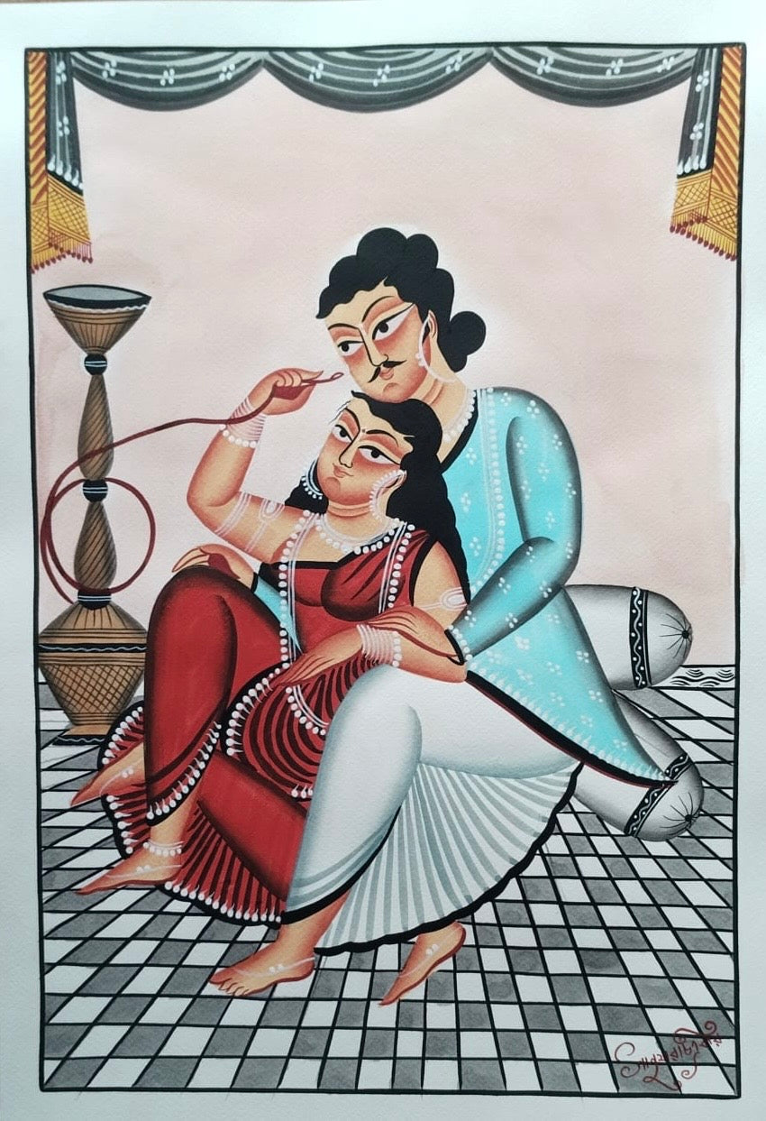 A traditional Indian folk art painting depicting a seated woman in a red sari receiving a facial treatment from a man wearing a light blue robe. The scene includes a checkered floor, a decorative hookah, and a draped curtain at the top.