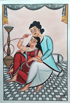 A traditional Indian folk art painting depicting a seated woman in a red sari receiving a facial treatment from a man wearing a light blue robe. The scene includes a checkered floor, a decorative hookah, and a draped curtain at the top.