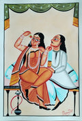 A traditional Indian folk art painting depicting a seated couple in ornate clothing, with a woman in an orange sari and a man in a white tunic, on a cream background with a green patterned curtain at the top.