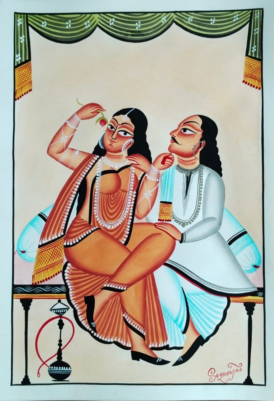 A traditional Indian folk art painting depicting a seated couple in ornate clothing, with a woman in an orange sari and a man in a white tunic, on a cream background with a green patterned curtain at the top.