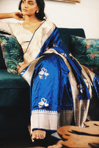 Royal Blue pure banarasi silk saree with swan motifs