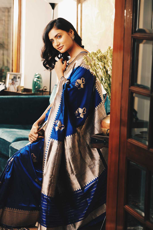Royal Blue pure banarasi silk saree with swan motifs