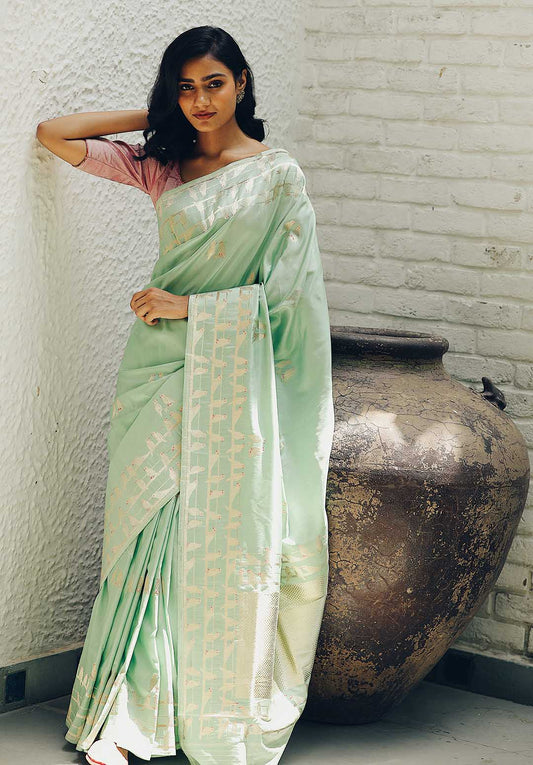 Pista  colour pure banarasi silk saree with Bird motifs