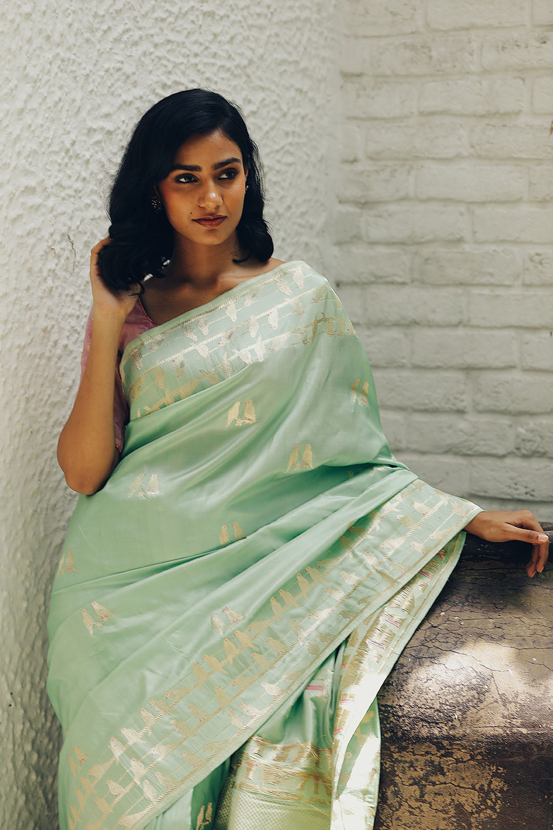 Pista  colour pure banarasi silk saree with Bird motifs