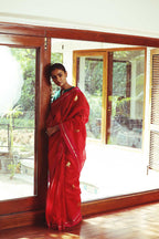 Red pure chanderi silk saree with parrot motif
