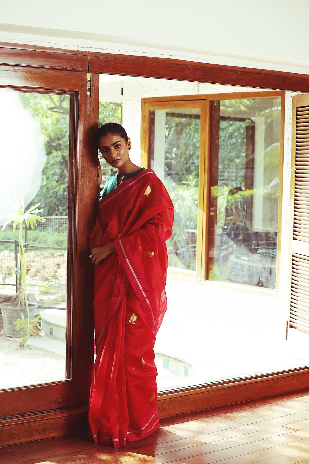 Red pure chanderi silk saree with parrot motif