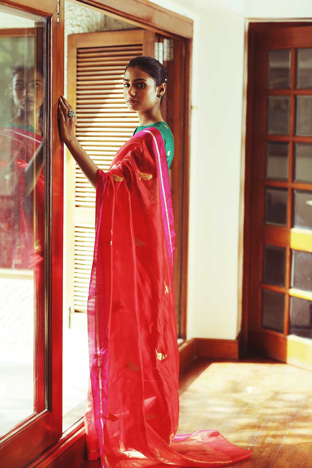 Red pure chanderi silk saree with parrot motif