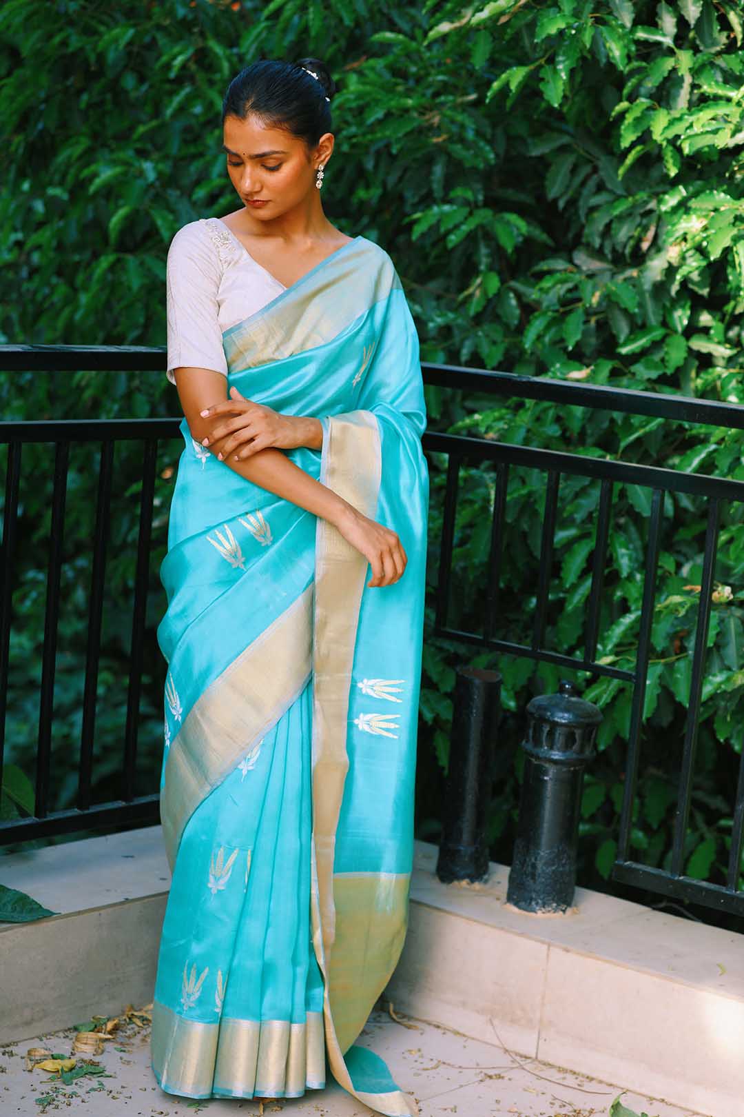 Soft blue pure chanderi silk saree with zari border