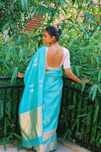 Soft blue pure chanderi silk saree with zari border