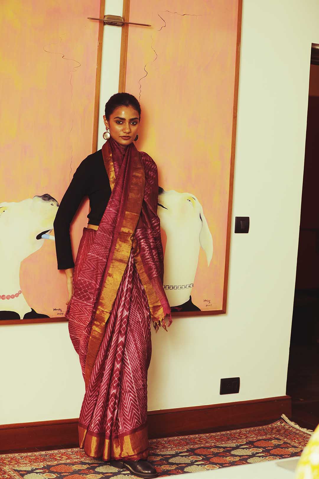 Carmine Tussar Silk Shibori Saree