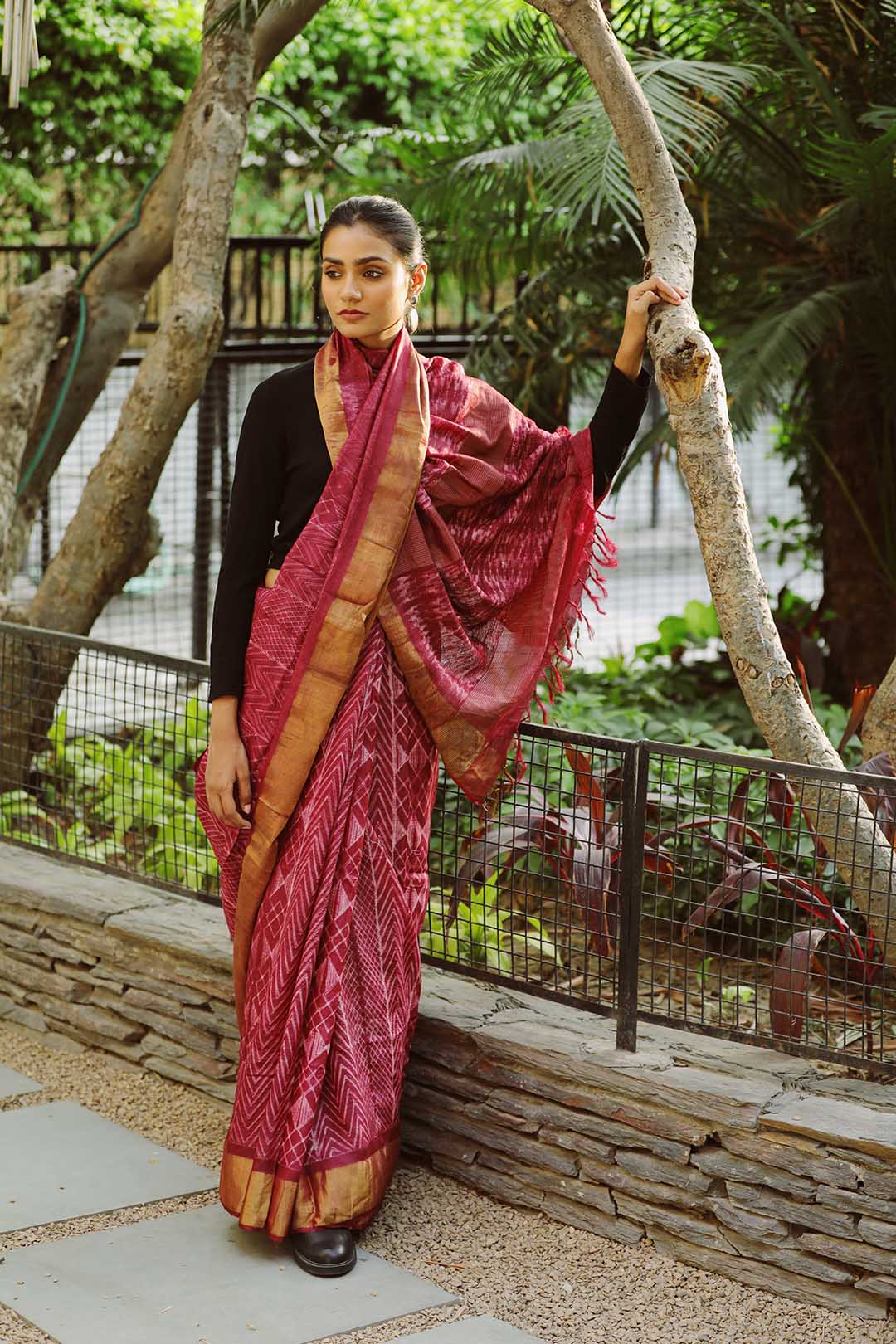 Carmine Tussar Silk Shibori Saree