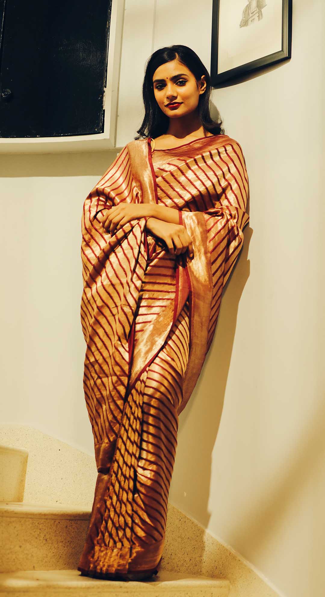 Wine Banarasi Silk Saree with Gold Zari Weaving