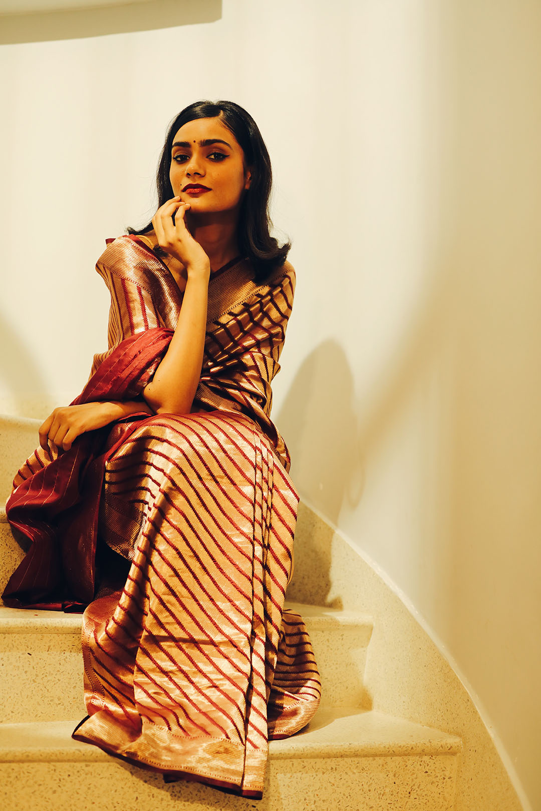 Wine Banarasi Silk Saree with Gold Zari Weaving