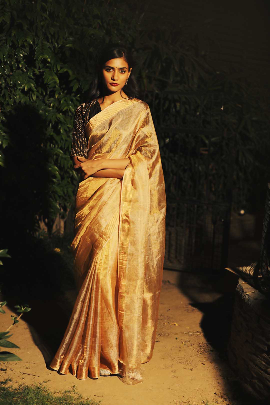Golden silk zari tissue saree