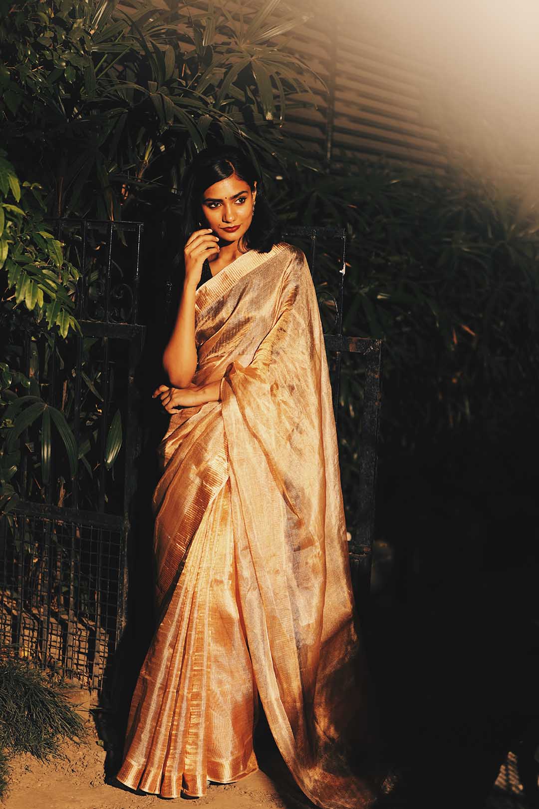Golden silk zari tissue saree