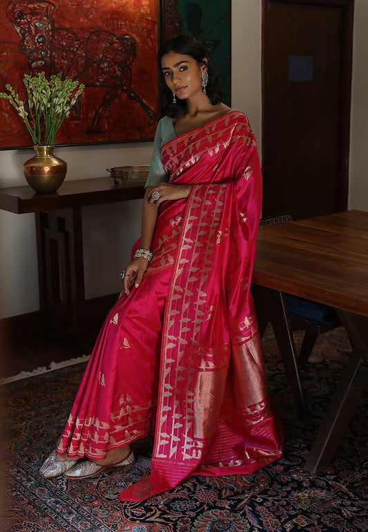 Rani pink pure banarasi silk saree with Bird motifs