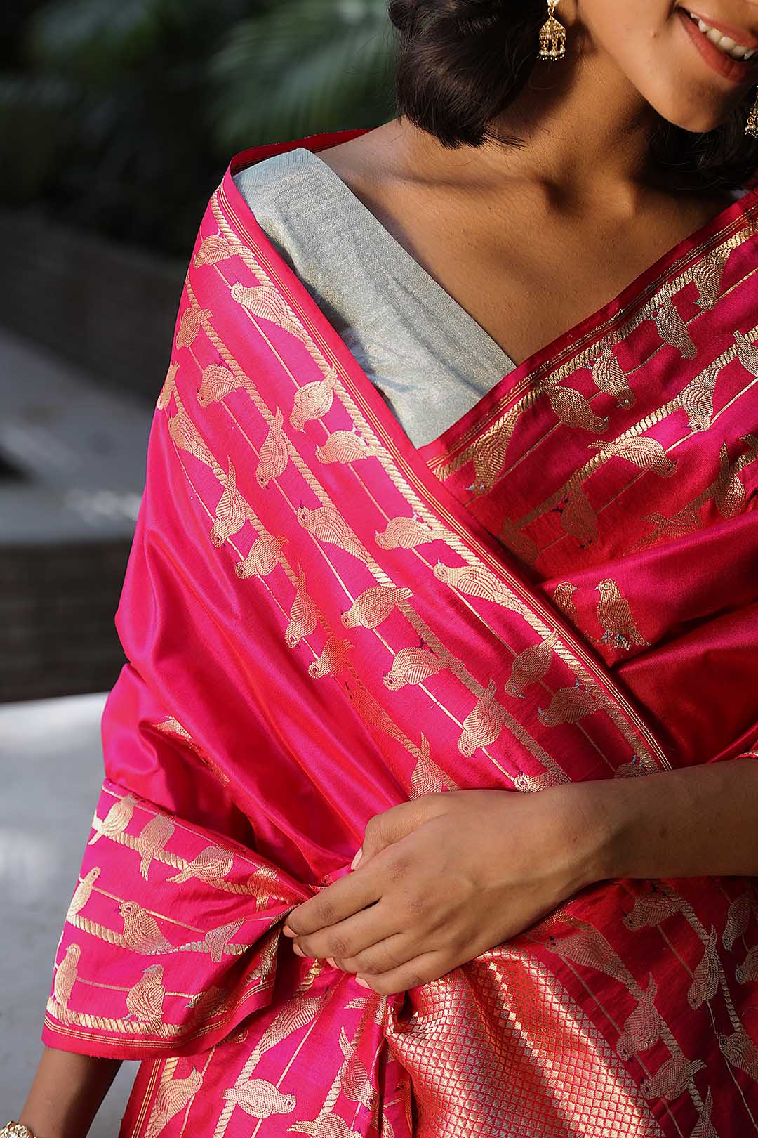 Rani pink pure banarasi silk saree with Bird motifs