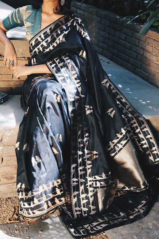 Black pure banarasi silk saree with Bird motifs