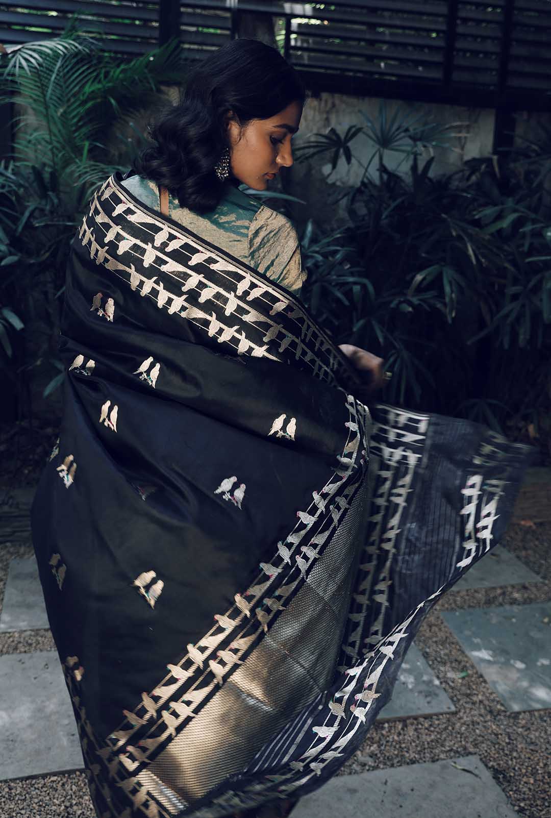Black pure banarasi silk saree with Bird motifs