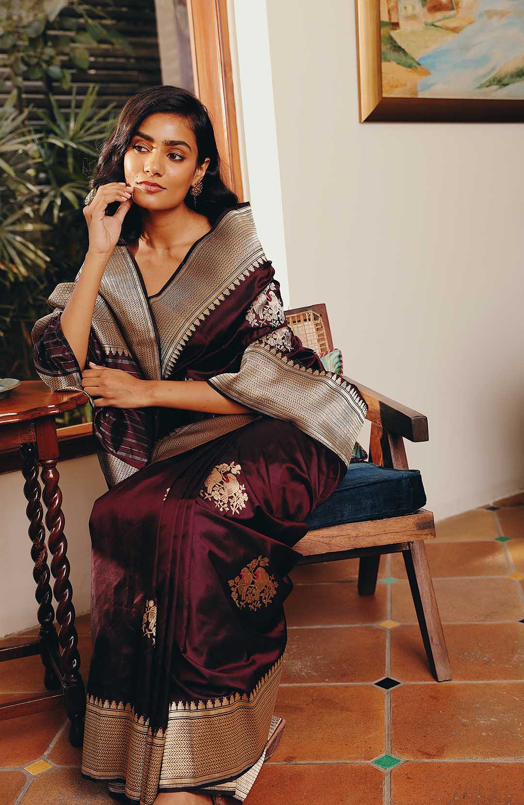 Burgandy pure banarasi silk saree with Bird motifs