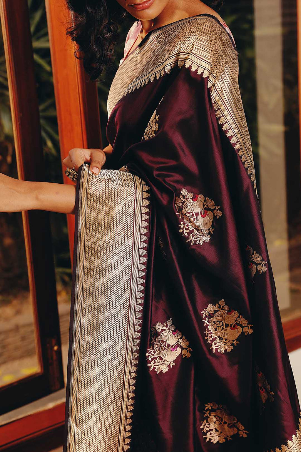 Burgandy pure banarasi silk saree with Bird motifs