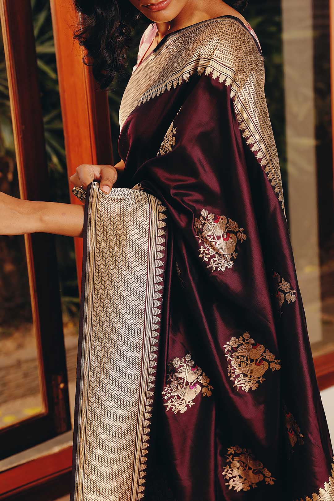 Burgandy pure banarasi silk saree with Bird motifs