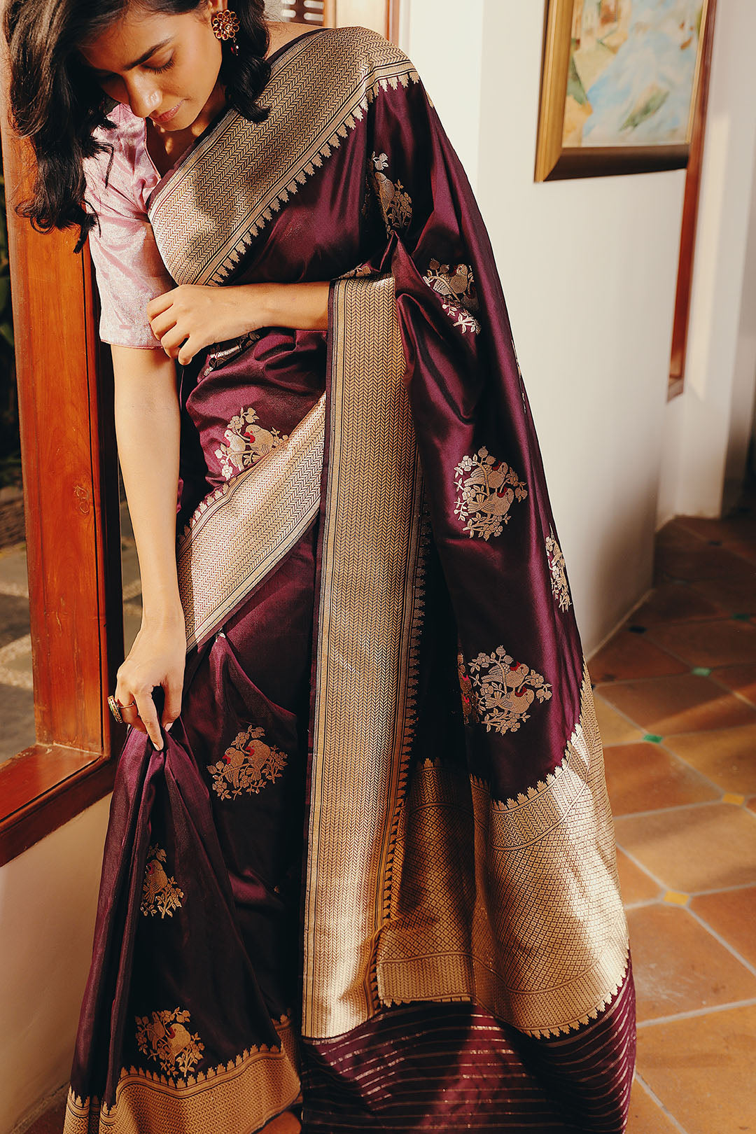 Burgandy pure banarasi silk saree with Bird motifs