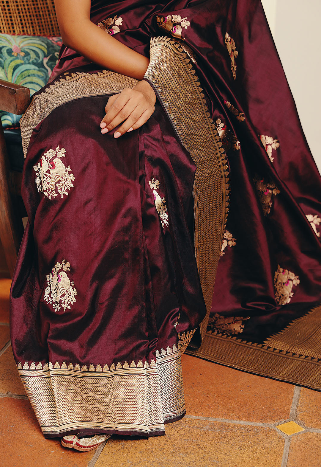Burgandy pure banarasi silk saree with Bird motifs