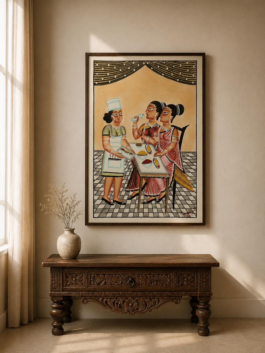 Hand-Painted Kalighat Art – Bengali Women Dining with a Street Vendor