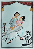 A traditional Indian folk art painting depicting a man in a grey kurta and white dhoti holding a woman in a pink dress, with a black-and-white spotted dog at his side and a hookah on the left, framed by a light blue background and red curtain motif at the top.