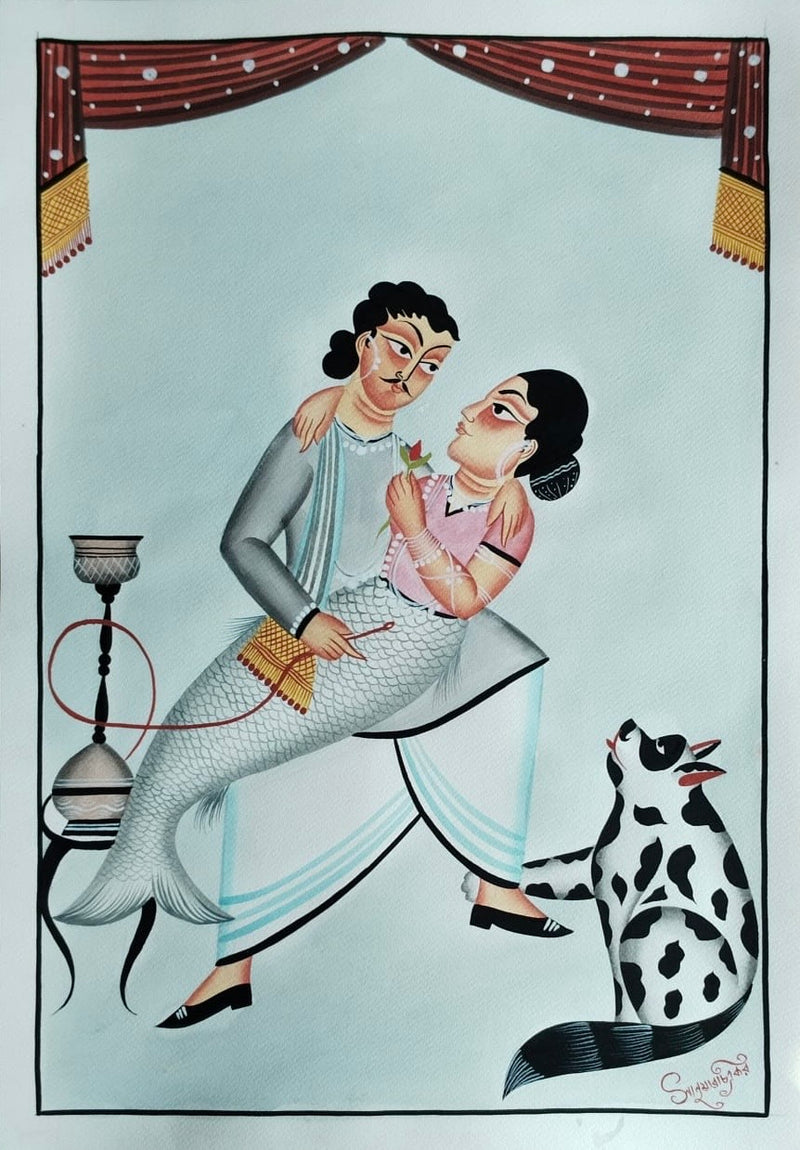 A traditional Indian folk art painting depicting a man in a grey kurta and white dhoti holding a woman in a pink dress, with a black-and-white spotted dog at his side and a hookah on the left, framed by a light blue background and red curtain motif at the top.