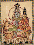 Hand-painted Kalamkari wall art of Lord Shiva and Parvati seated on Nandi with intricate traditional details
