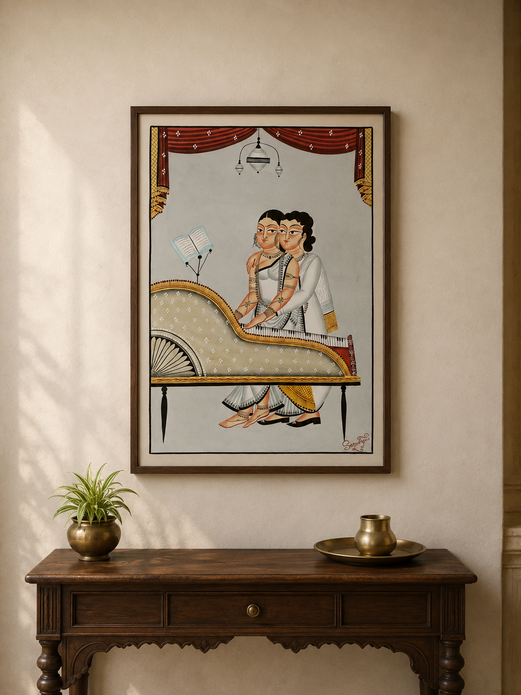 Hand-Painted Kalighat Art – Bengali Couple Playing a Traditional Keyboard
