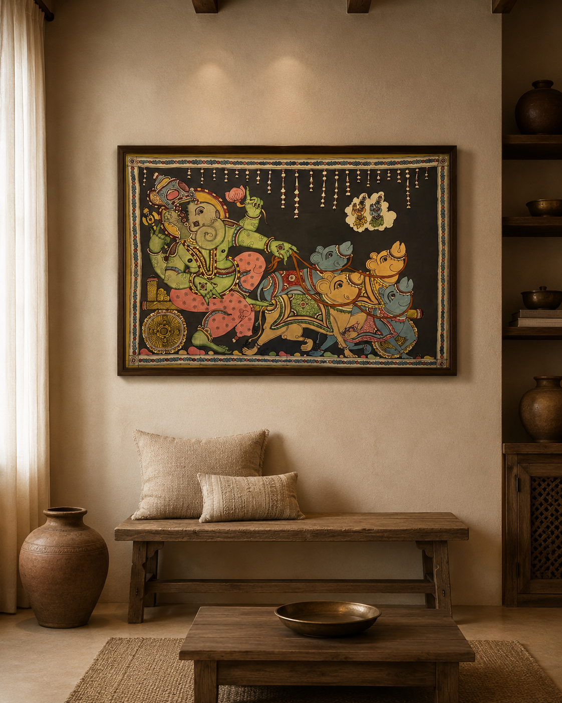 Hand-Painted Kalamkari Ganesha Wall Art – Traditional Chariot Scene