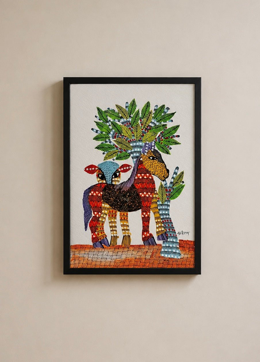 Hand-Painted Gond Art – Deer with Tree of Life