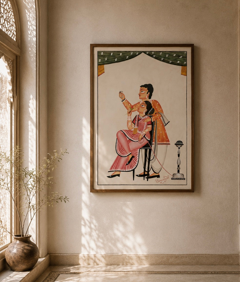 Hand-Painted Kalighat Art – Bengali Couple with Smartphone