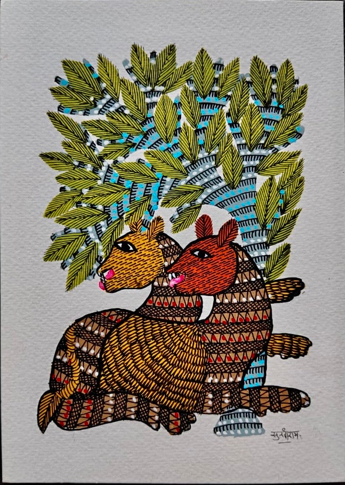 Hand-Painted Gond Art – Two Deer