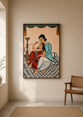 Hand-Painted Kalighat Art – Bengali Couple in Traditional Domestic Scene