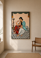 Hand-Painted Kalighat Art – Bengali Couple in Traditional Domestic Scene