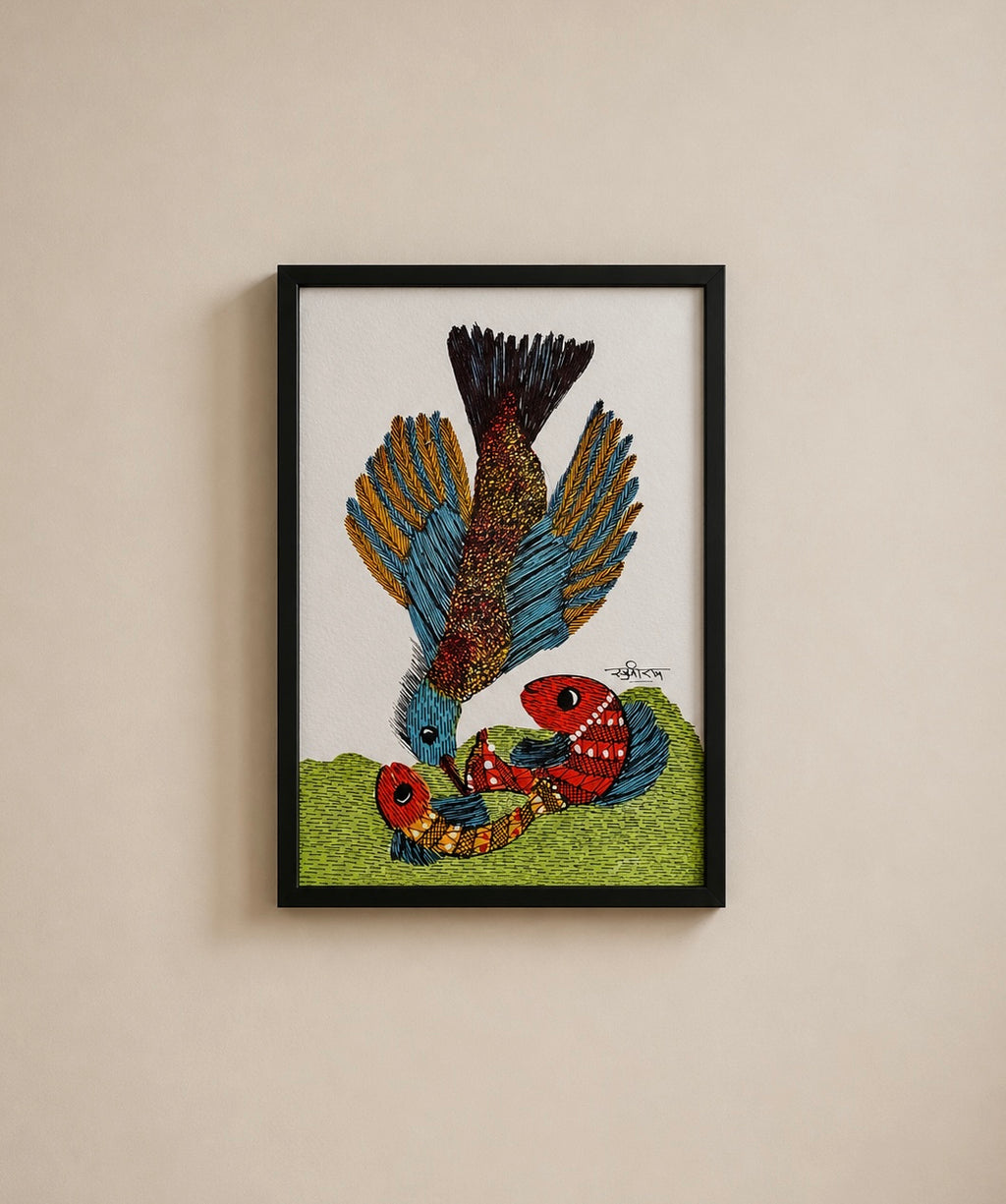 Hand-Painted Gond Art – Peacock and Birds