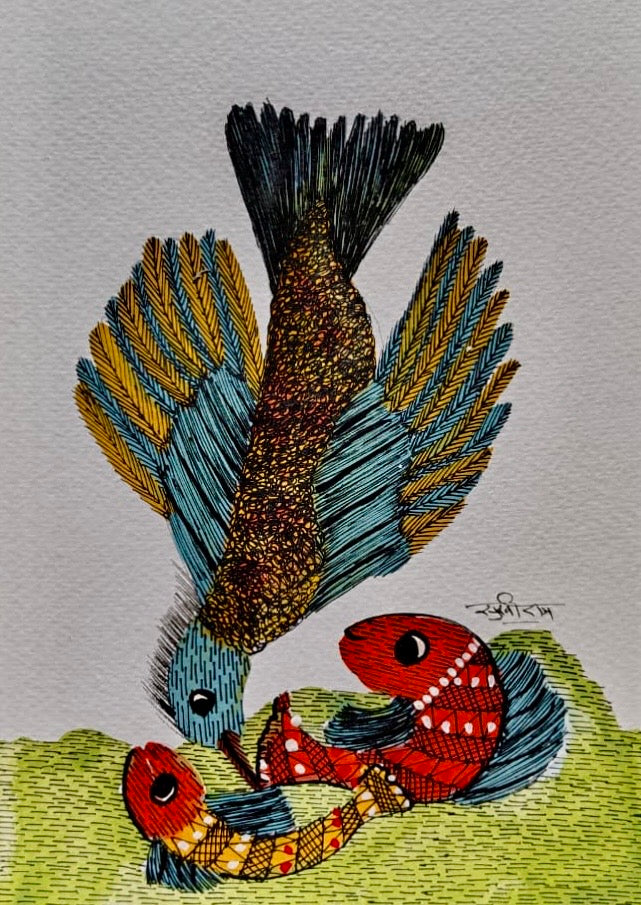 Hand-Painted Gond Art – Peacock and Birds