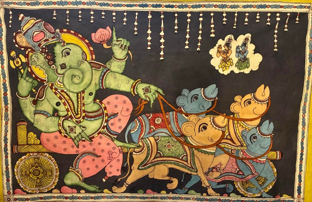 Hand-painted Kalamkari Ganesha wall art showing Lord Ganesha in a chariot pulled by rats with intricate traditional details