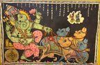 Hand-painted Kalamkari Ganesha wall art showing Lord Ganesha in a chariot pulled by rats with intricate traditional details