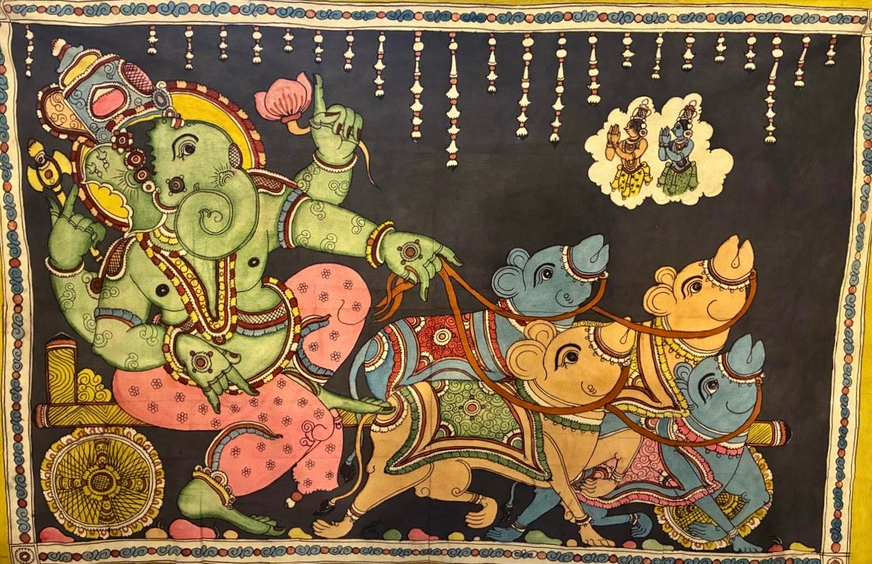 Hand-painted Kalamkari Ganesha wall art showing Lord Ganesha in a chariot pulled by rats with intricate traditional details