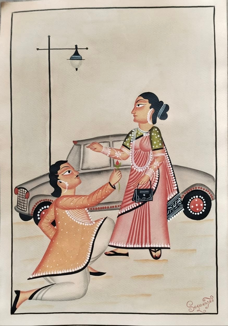 Hand-Painted Kalighat Art – Bengali Couple with Vintage Car