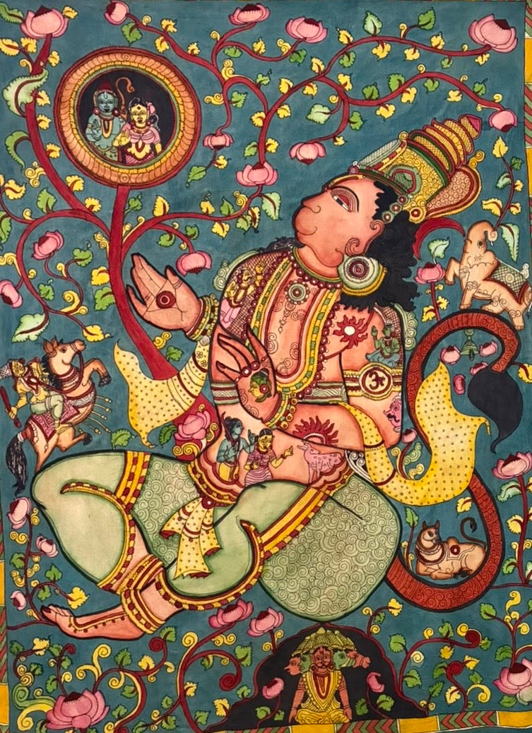 A traditional Indian folk art painting depicting Lord Hanuman in a seated pose, surrounded by floral motifs and smaller figures, rendered in vibrant colors on a teal background.