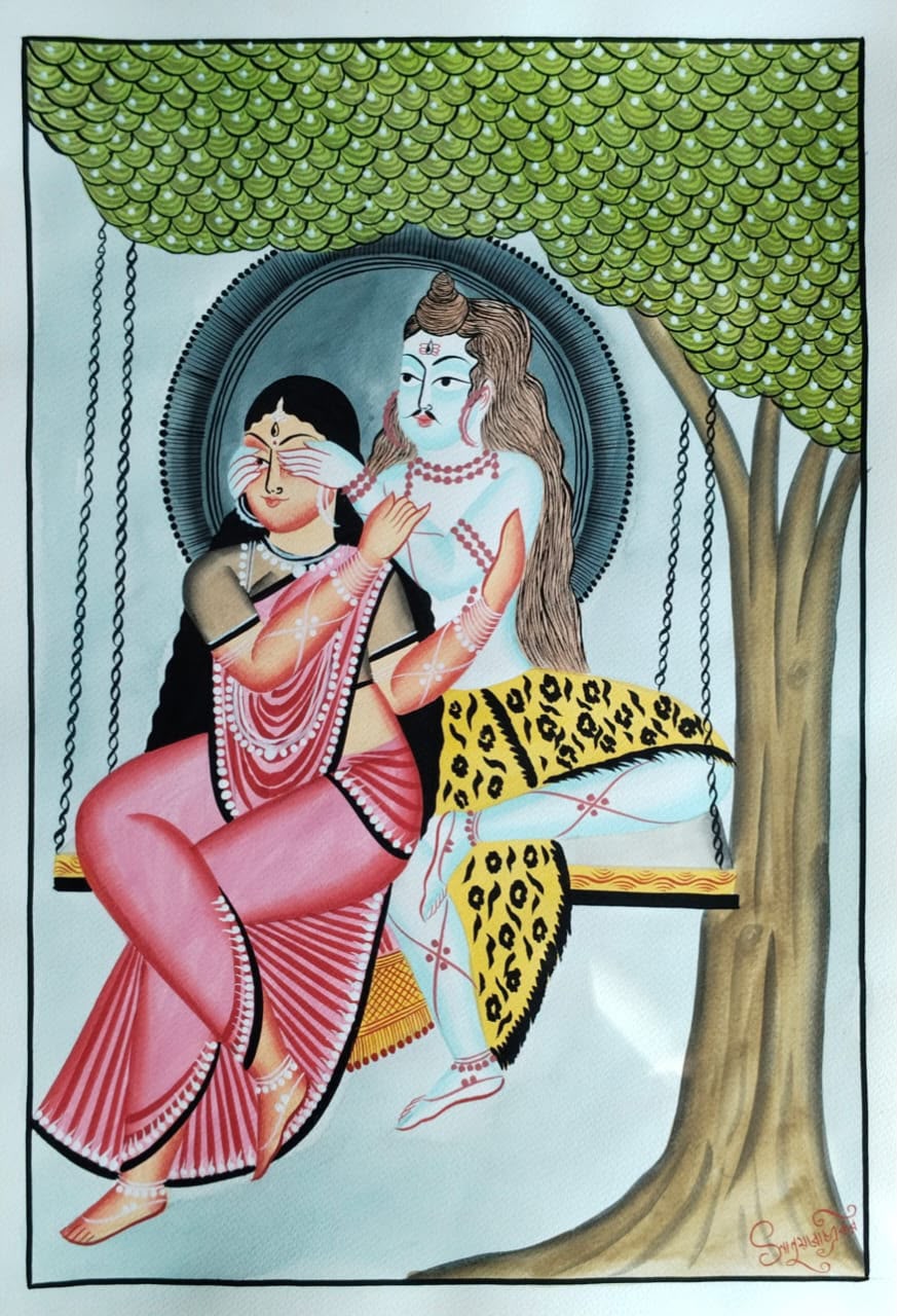 A traditional Indian folk art painting depicting a woman in a pink saree and a man with white skin and a yellow patterned skirt sitting on a swing under a green tree.